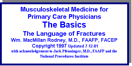 Text Box: Musculoskeletal Medicine for 
Primary Care Physicians
The Basics
The Language of Fractures
Wm. MacMillan Rodney, M.D., FAAFP, FACEP
 Copyright 1997 Updated 7-12-01
with acknowledgement to Jack Pfenninger, M.D., FAAFP and the National Procedures Institute
